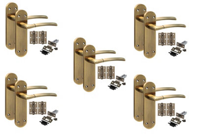 Golden Grace 5 Pairs Victorian Indiana Design Long Plate Internal Door Handle Antique Brass2.5" Latch & Hinges 182mm X 45mm from B&Q