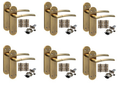 Golden Grace 6 Pairs Victorian Indiana Design Long Plate Internal Door Handle Antique Brass2.5" Latch & Hinges 182mm X 45mm from B&Q