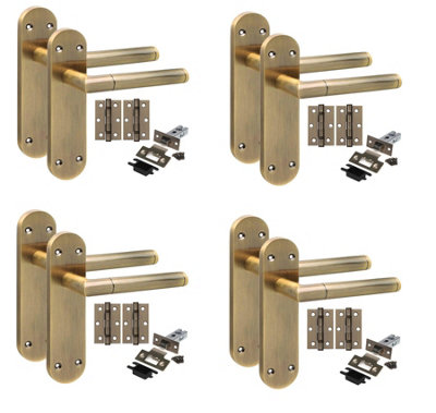B&Q -  4 Pairs Victorian Mitred Design Long Plate Internal Latch Door Handle Antique Brass 2.5" Latch & Hinges 182mm X 45mm