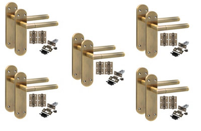 B&Q -  5 Pairs Victorian Mitred Design Long Plate Internal Latch Door Handle Antique Brass2.5" Latch & Hinges 182mm X 45mm