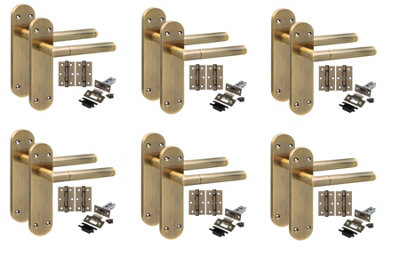 B&Q -  6 Pairs Victorian Mitred Design Long Plate Internal Latch Door Handle Antique Brass2.5" Latch & Hinges 182mm X 45mm