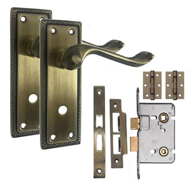Georgian Bathroom Internal Door Handle Antique Brass With 2.5" Bathroom Lock & Hinges 150mm X 48mmGolden Grace