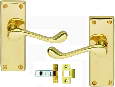 B&Q -  Victorian Scroll Polished Brass Internal Door Handle And Latch Set 120mm Back Plate