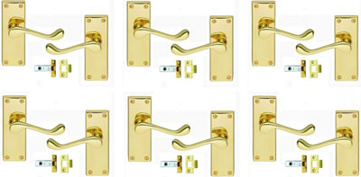 B&Q -  6 X Victorian Scroll Polished Brass Internal Door Handle And Latch Set 120mm Back Plate