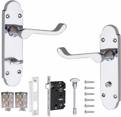 Golden Grace Epsom Scroll Bathroom Internal Door Handle 170mm X 40mm Polished Chrome With Bathroom Mortise Lock Set With 1 Pair Of 3" Hinges from B&Q