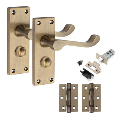 Victorian Scroll Privacy Door Handle Set Antique Brass Finish With HingesGolden Grace from B&Q