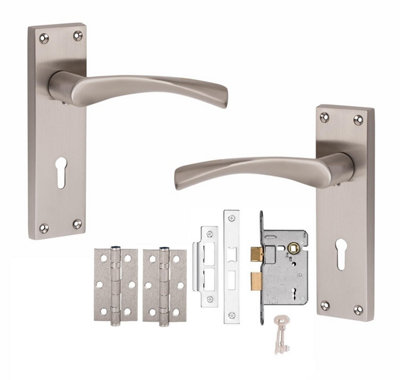 Astrid Victorian Lock Door Handle 3 Lever Lock Satin Nickel Finish 150mm Long And Hinges- Golden Grace