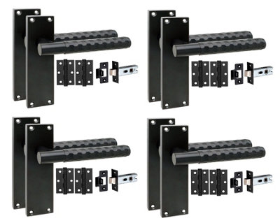 Golden Grace 4 Pairs Victorian Knurled Hex Cut Door Handle Matt Black With 2.5" Latch & Hinges150mm X 40mm from B&Q