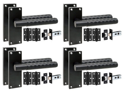 Golden Grace 4 Pairs Victorian Knurled Diamond Cut Door Handle Matt Black With 2.5" Latch & Hinges120mm X 40mm from B&Q