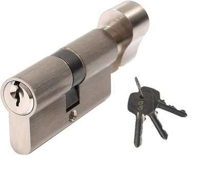 B&Q -  1 Set Thumb Turn Euro Cylinder Door Lock Satin Nickel Finish With 3 Keys70 mm