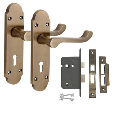 B&Q -  1 Pair Epsom Design Scroll Lock Door Handle Antique Brass 3 Lever Lock Set168mm X 40mm