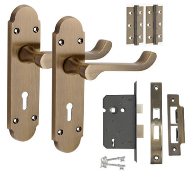 B&Q -  1 Pair Epsom Design Scroll Lock Door Handle Antique Brass 3 Lever Lock Set With Hinges168mm X 40mm