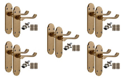 B&Q -  5 Pairs Victorian Epsom Design Scroll Interior Door Handle Antique Brass With 2.5" Latch & Hinges168mm X 40mm
