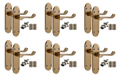 B&Q -  6 Pairs Victorian Epsom Design Scroll Interior Door Handle Antique Brass With 2.5" Latch & Hinges168mm X 40mm