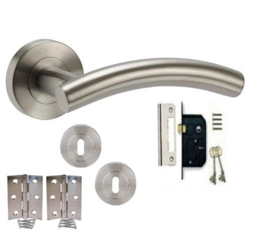B&Q -  1 Set Arched T-Bar Door Handles Satin Nickel Finish With 3 Lever LockKeys & 1 Pair Of 3" Hinges