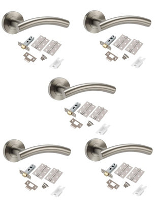 B&Q -  5 Set Arched T-Bar Door Handles Satin Nickel Finish With Latch & Ball Bearing Hinges