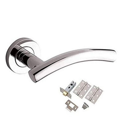 B&Q -  1 Set Arched T-Bar Door Handle Polished Chrome Finish Lever On Round Rose Furniture With Latch & Hinges