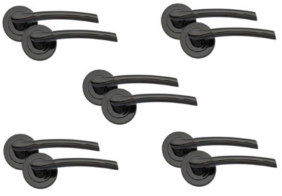 Golden Grace 5 Pairs Indiana Style Door Handles Polished Black Nickel Finish Round Rose from B&Q