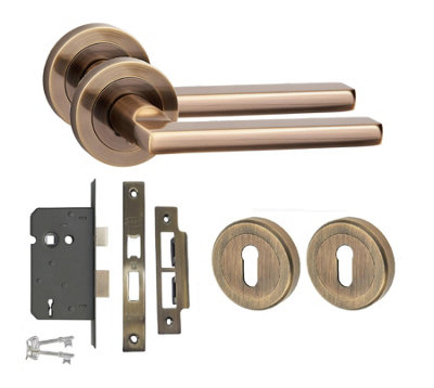 Golden Grace Leon Design Lock Door Handle Set 3 Lever Lock Set Antique Brass Finish from B&Q