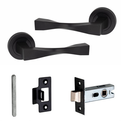 Golden Grace 1 Pair Straight Astrid Twist Design Door Handles Matt Black Finish With 2.5" Tubular Latch52mm from B&Q