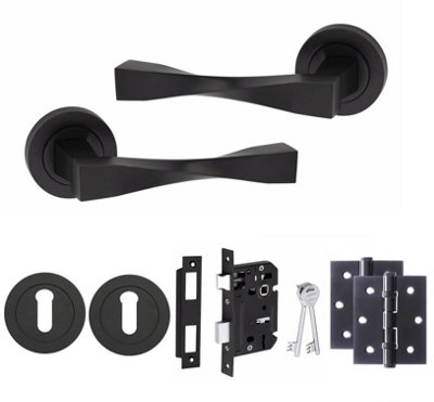 Golden Grace 1 Set Astrid Twist Design Door Handles Matt Black Finish With 64mm 3 Lever Mortise Lock from B&Q