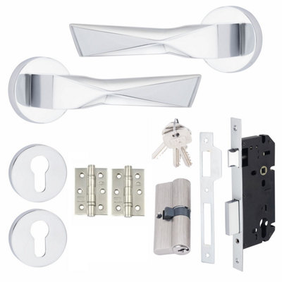 Golden Grace 1 Set Aura Design Euro Lock Complete Internal Door Handle Set 70mm Barrell Key Polished Chrome Finish from B&Q