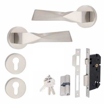Golden Grace 1 Set Aura Design Euro Lock Internal Door Handle Set 70mm Barrell Key Satin Nickel Finish from B&Q
