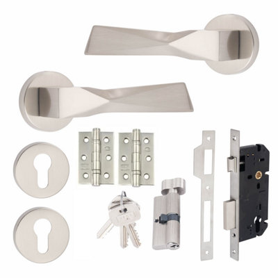Golden Grace 1 Set Aura Design Euro Lock Complete Internal Door Handle Set Thumbturn Satin Nickel Finish from B&Q