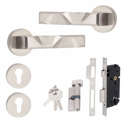 Golden Grace 1 Set Nova Design Euro Lock Door Handle Set Thumbturn Key Satin Nickel Finish from B&Q