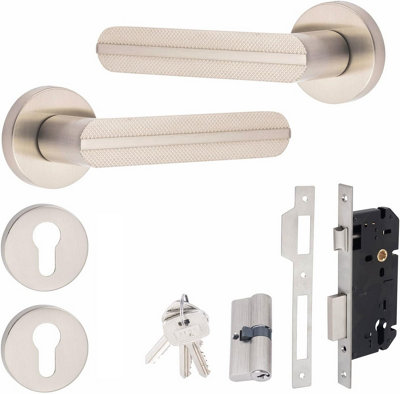 Golden Grace Modern Lima Satin Nickel Euro 70mm Key To Key Barrel Lock Door Handle Set from B&Q