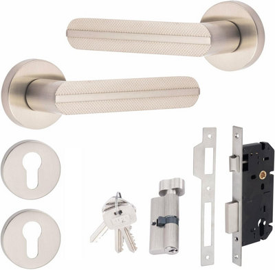 Golden Grace Lima Satin Nickel Euro 70mm Thumbturn To Key Barrel Lock Internal Door Handle Set from B&Q
