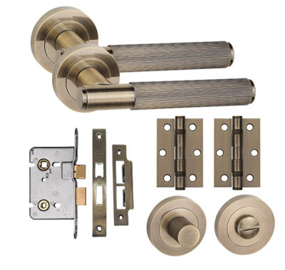B&Q -  Straight T-Bar Linear Bathroom Internal Door Handle Set Thumbturn Hinges And Mortise Lock Antique Brass