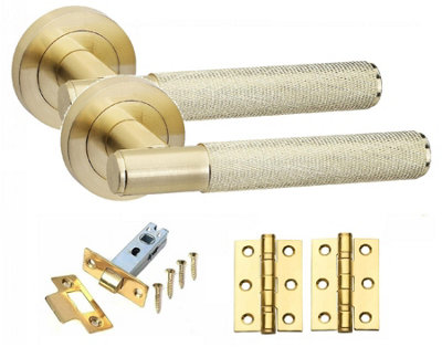 Golden Grace 1 Set Knurled T-Bar Internal Door Handles With Latch And Hinges Satin Brass Finish from B&Q