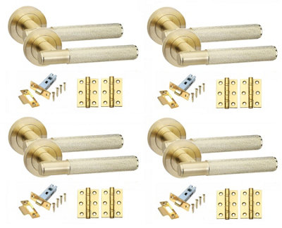 Golden Grace 4 Set Knurled T-Bar Internal Door Handles With Latch And Hinges Satin Brass Finish from B&Q