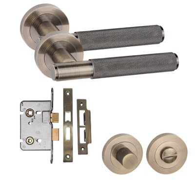 Grace Straight T-Bar Knurled Bathroom Door Handle Set Thumbturn And Mortise Lock Antique Brass Golden