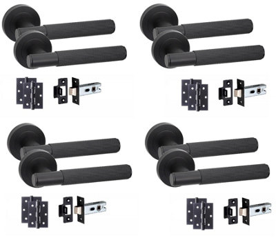 Golden Grace 4 Set Knurled T-Bar Internal Door Handles With Latch And Hinges Matt Black Finish from B&Q