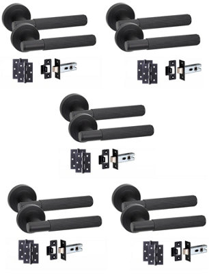 Golden Grace 5 Set Knurled T-Bar Internal Door Handles With Latch And Hinges Matt Black Finish from B&Q