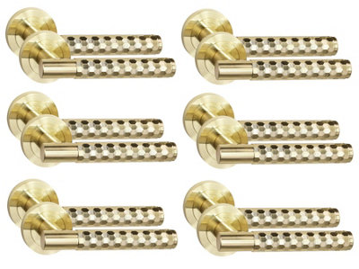 6 Pair Knurled Hex Cut T-Bar Internal Door Handles Satin Brass FinishGolden Grace from B&Q