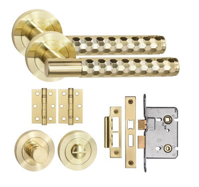 Golden Grace Knurled Hex Cut T-Bar Bathroom Internal Door Handle Set Thumbturn And Mortise Lock Bb Hinges Satin Brass from B&Q