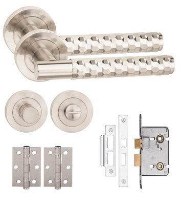 Golden Grace Knurled Hex Cut T-Bar Bathroom Internal Door Handle Set Thumbturn And Mortise Lock Bb Hinges Satin Nickel from B&Q