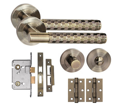 Golden Grace Knurled Hex Cut T-Bar Bathroom Internal Door Handle Set Thumbturn And Mortise Lock Bb Hinges Antique Brass from B&Q