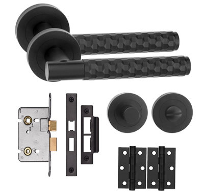 Golden Grace Knurled Hex Cut T-Bar Bathroom Internal Door Handle Set Thumbturn And Mortise Lock Bb Hinges Matt Black from B&Q
