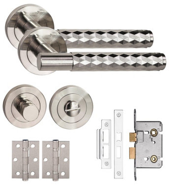 Golden Grace Knurled Diamond Cut T-Bar Bathroom Internal Door Handle Set Thumbturn And Mortise Lock Bb Hinges Satin Nickel from B&Q