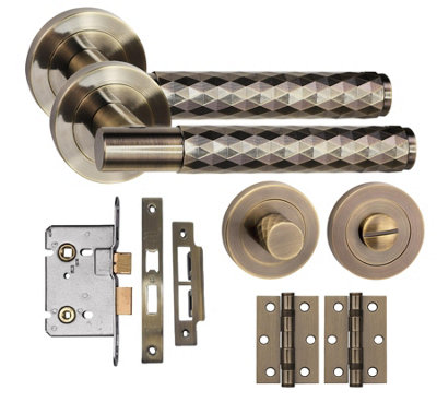 Golden Grace Knurled Diamond Cut T-Bar Bathroom Internal Door Handle Set Thumbturn And Mortise Lock Bb Hinges Antique Brass from B&Q