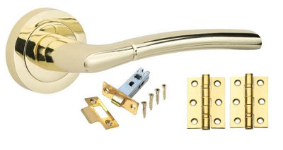 B&Q -  1 Set Indiana Internal Door Handles Set Ball Bearing Hinges And Latches Polished Brass Finish