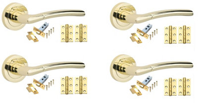 Grace 4 Set Indiana Door Handles Set Ball Bearing Hinges And Latches Polished Brass Finish Golden