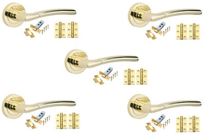 Grace 5 Set Indiana Door Handles Set Ball Bearing Hinges And Latches Polished Brass Finish Golden