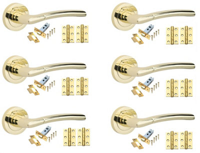 B&Q -  6 Set Indiana Internal Door Handles Set Ball Bearing Hinges And Latches Polished Brass Finish