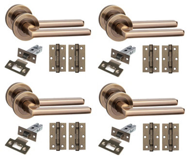 Golden Grace 4 Set Leon Design Door Handles With Latch And Hinges Antique Brass Finish from B&Q