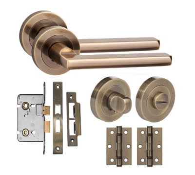 Golden Grace Leon Design Bathroom Door Handle Set Thumbturn And Mortise Lock Bb Hinges Antique Brass from B&Q